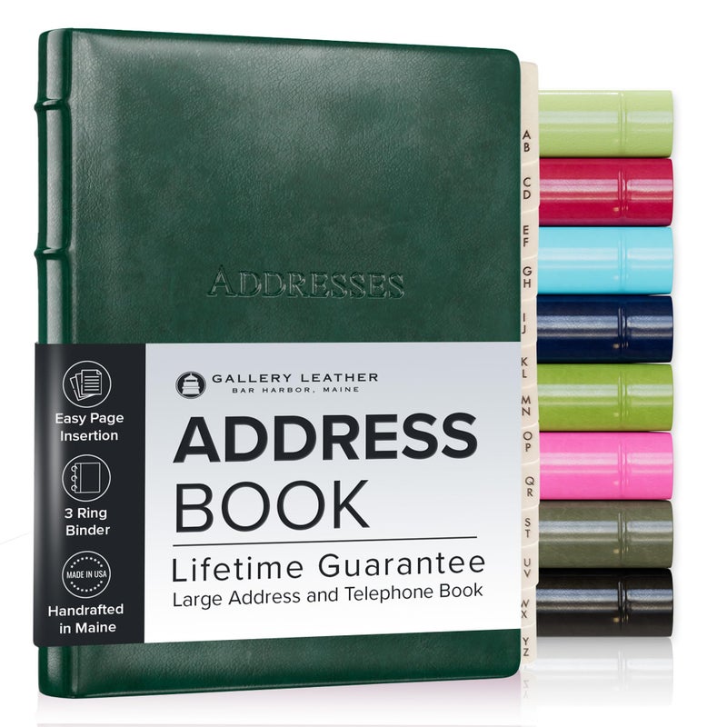 Gallery Leather Large Address Book with Alphabetical Tabs up to 480 Records, Leather Notebook Hardcover, Telephone and Address Books - 9x7", Desk Address, Acadia Green - Image 1
